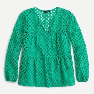 J. Crew Green Embroidered Eyelet Tiered Top